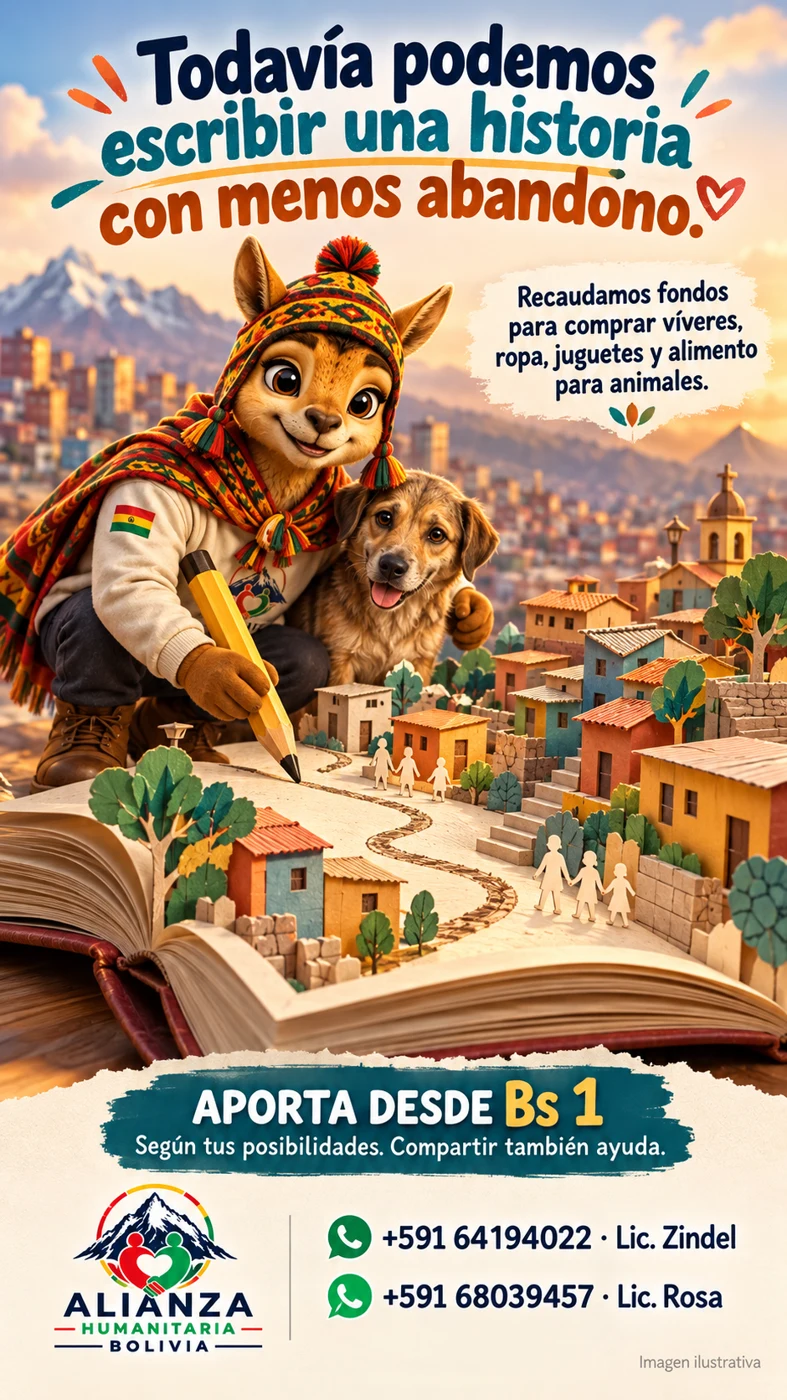 Nuestra alpaquita junto a un perrito y un libro que representa una comunidad solidaria