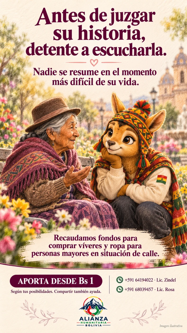Ilustración de nuestra alpaquita escuchando a una persona mayor